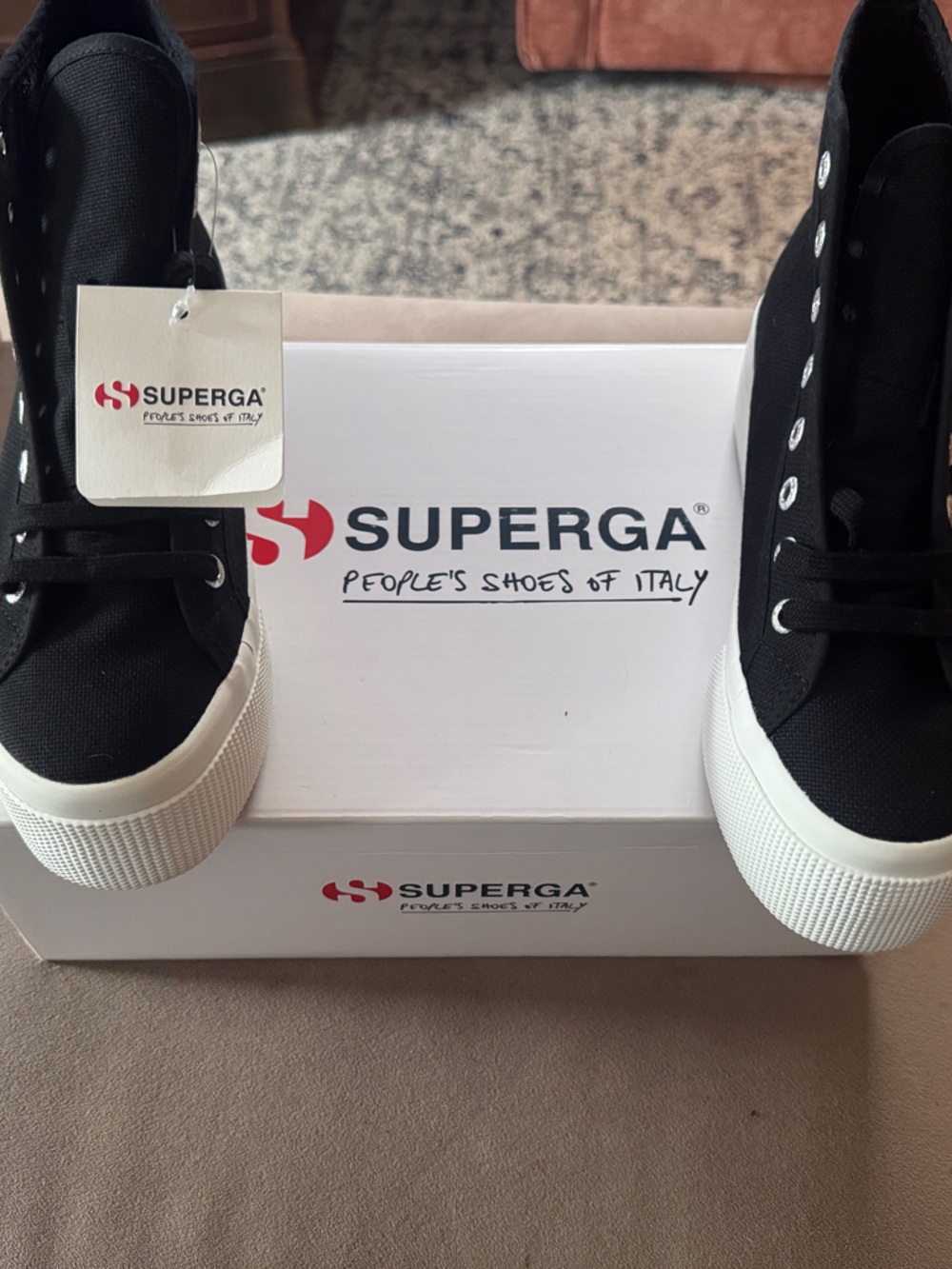 Superga Black Canvas Platform Sneakers with White Sole